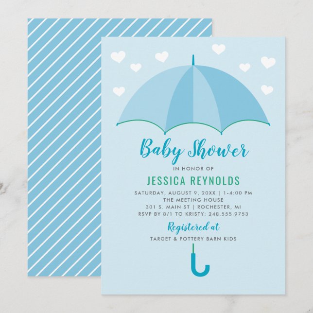 Invitación Chico - Baby Shower de Corazón Azul Moderno con Pa (Anverso / Reverso)