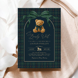 Invitación Chico Baby Shower de Oso de Peluche de Plaid de Lu