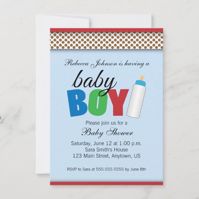 Invitación Chico Baby Shower de puntos de polka azul y marrón (Anverso)