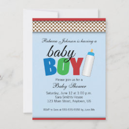 Invitación Chico Baby Shower de puntos de polka azul y marrón