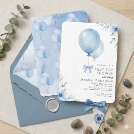 Invitación Chico Baby Shower Floral Globo de Acuarela Azul