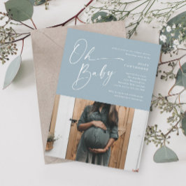 Invitación Chico Baby Shower Foto Dusty Blue Escritura Modern