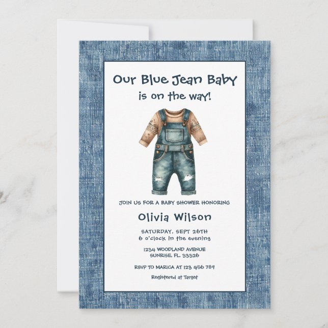 Invitación Chico Baby Shower Jean Azul Rústico (Anverso)