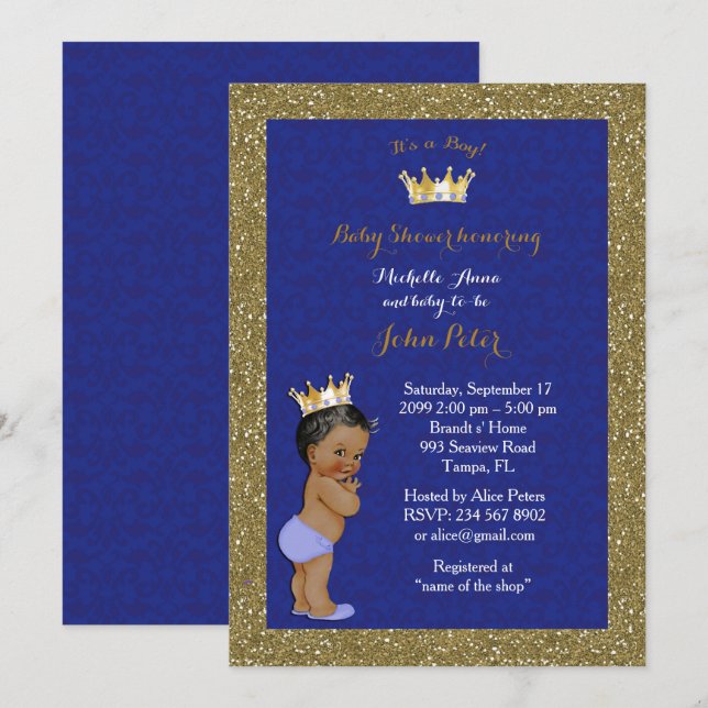 Invitación CHICO Baby Shower, marco dorado, azul y oro. (Anverso / Reverso)