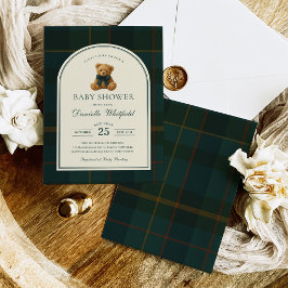 Invitación Chico Baby Shower Oso de Peluche Tartán Polo