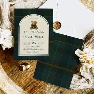 Invitación Chico Baby Shower Oso de Peluche Tartán Polo