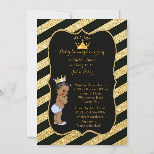 Invitación CHICO Baby Shower, tiras doradas, oro negro v2. (Anverso)
