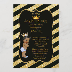 Invitación CHICO Baby Shower, tiras doradas, oro negro v2.