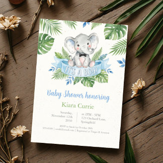 Invitación Chico, Baby Shower Tropical de Elefante