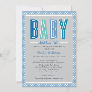 Invitación Chico Bebé Azul Gris Tipo de Letra Negrita Baby Sh