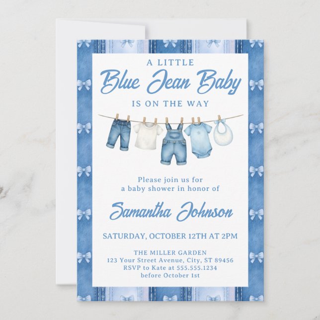 Invitación Chico Bebé Azul Jean Denim Fiesta de Bebé (Anverso)