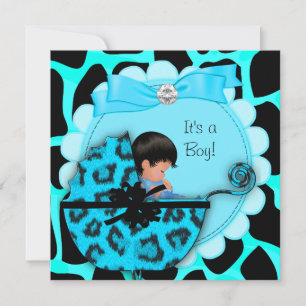 Invitación Chico Bebé Azul Leopardo Cochecito para Baby Showe