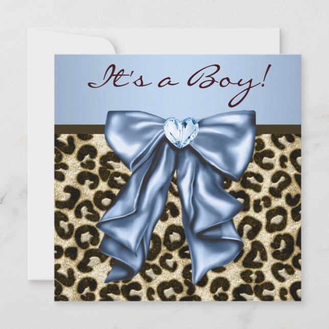 Invitación Chico Bebé Azul Marrón Leopardo Fiesta de Cumpleañ (Anverso)