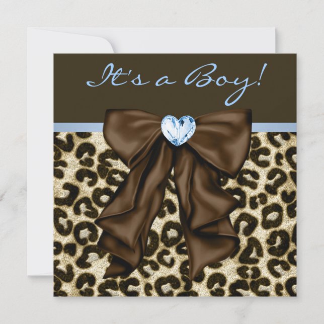 Invitación Chico Bebé Azul Marrón Leopardo Fiesta de Cumpleañ (Anverso)