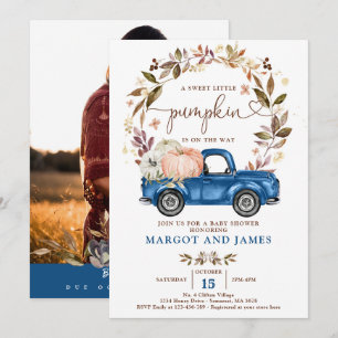 Invitación Chico bebé clásico camión calabaza rústica azul