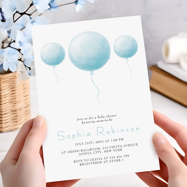 Invitación Chico Bebé Cumpleaños Globos Azules Pastel Minimal (Subido por el creador)