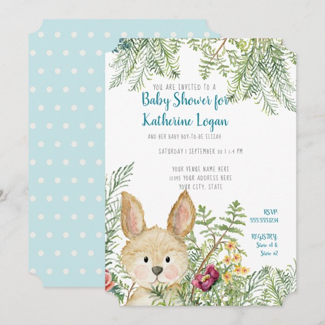 Invitación Chico Bebé Ducha Animal Bosque Conejo Bosque Helec (Anverso / Reverso)