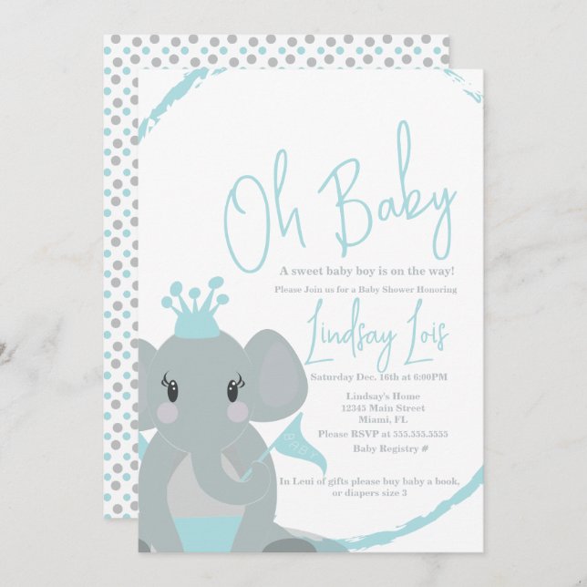 Invitación Chico bebé elefante lindo Cumpleaños con letra ele (Anverso / Reverso)