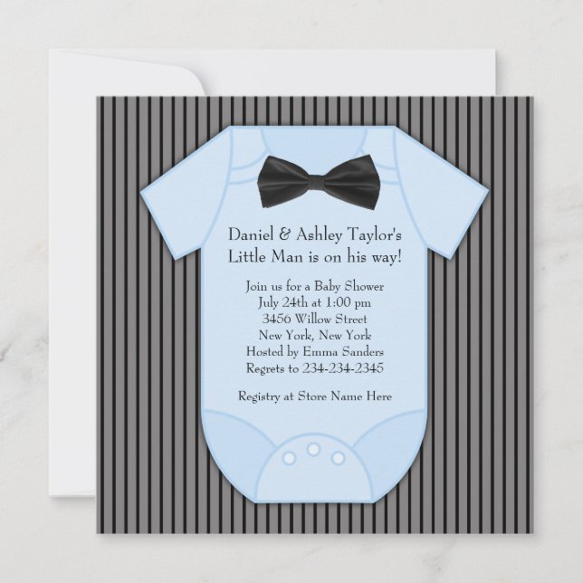 Invitación Chico Bebé Negro Azul con Rayas de Fiesta (Anverso)