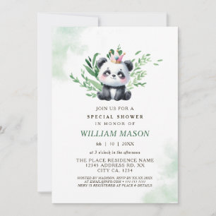 Invitación Chico Bebé Panda Tierno con Acuarela Verde Fiesta