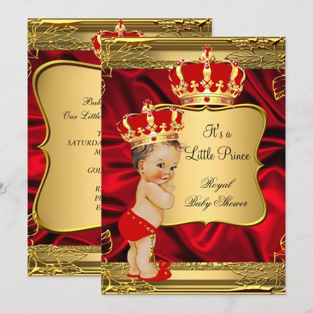 Invitación Chico Bebé Príncipe Moreno Baño de Oro Rojo Fiesta (Anverso / Reverso)
