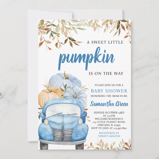 Invitación Chico Blue Pumpkin Truck Baby Shower (Anverso)