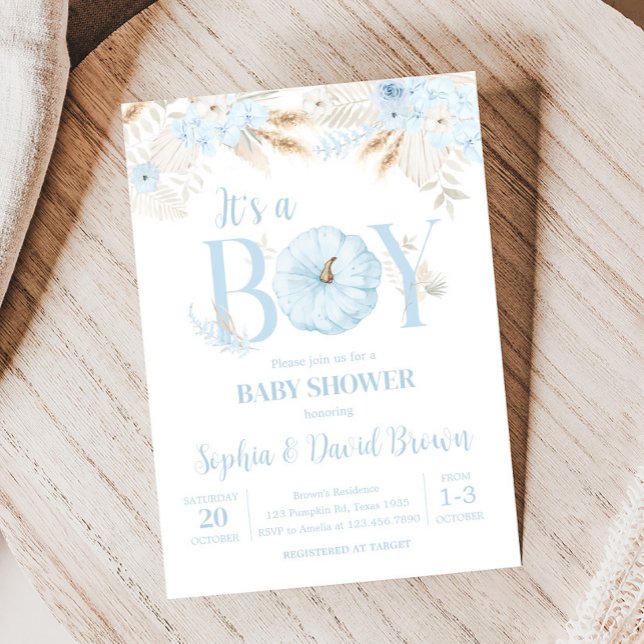 Invitación Chico Boho Fiesta de Bebé de Calabaza (Blue It's a Boy Boho Pumpkin Baby Shower Invitation)