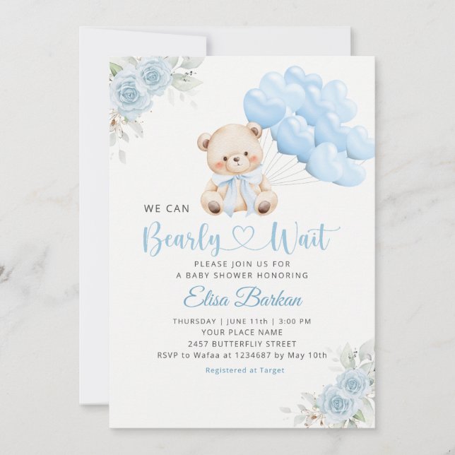 Invitación Chico Boho Oso de Peluche Apenas Podemos Esperar S (Anverso)
