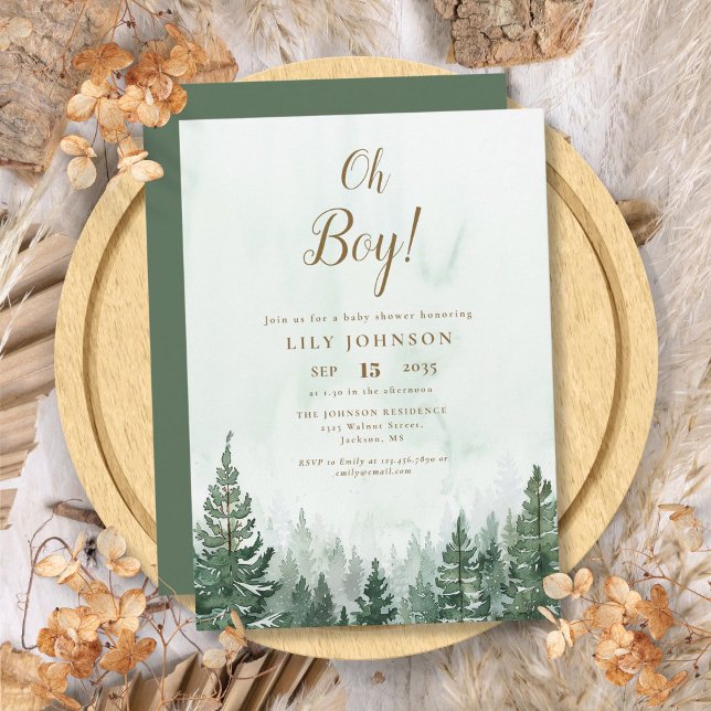 Invitación Chico Bosque de Pinos Baby Shower (Oh Boy Pine Tree Forest Baby Shower Invitation)