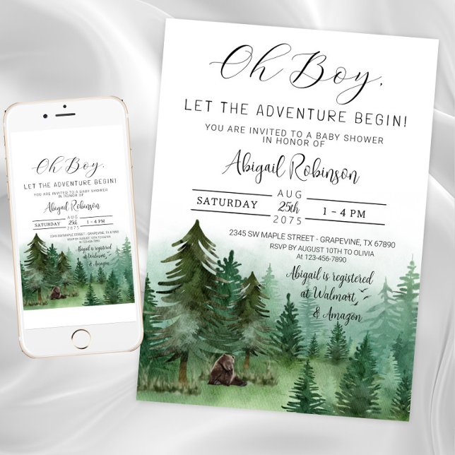 Invitación Chico Bosque Oso Oh Chico Baby Shower (Woodland bear baby shower invitation. Instant download and printed invitations available.)
