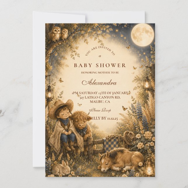 Invitación Chico Botánico Fiesta de Bebé Occidental Boho (Anverso)