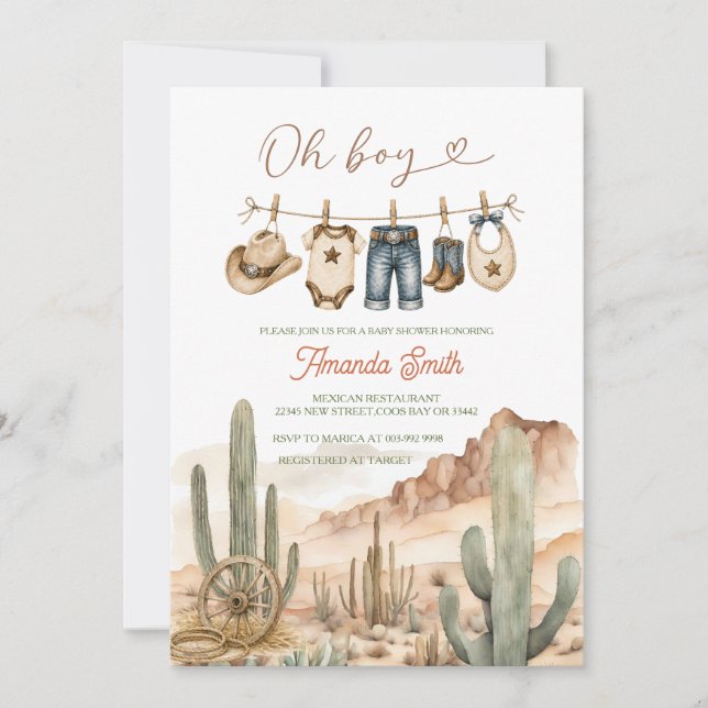 Invitación Chico, Cactus del Desierto, Ropa de Bebé, Fiesta d (Anverso)