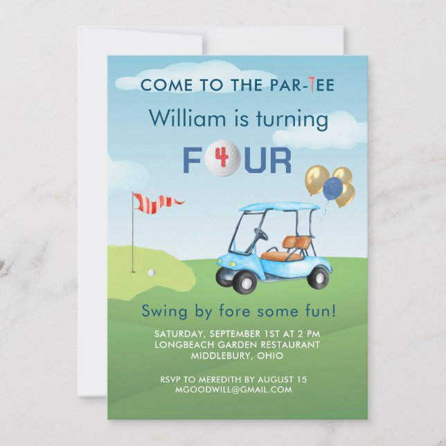 Invitación Chico Carrito de Golf Par-tee Cumpleaños 4  (Anverso)