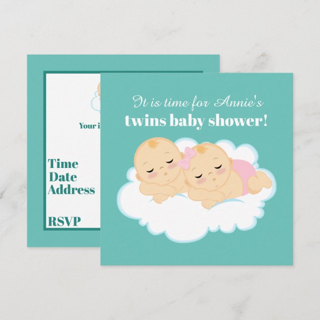 Invitación Chico chica gemelos ducha bebé (Anverso / Reverso)