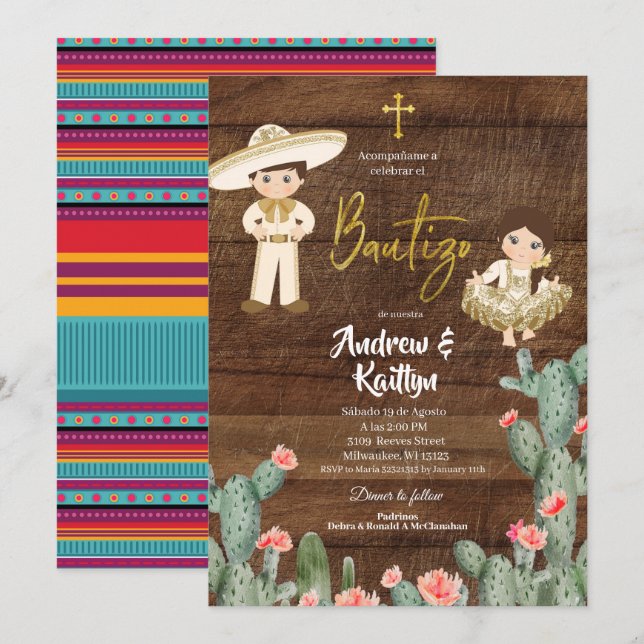 Invitación Chico Chica guerrero de oro ruso Twin Bautizo I (Anverso / Reverso)
