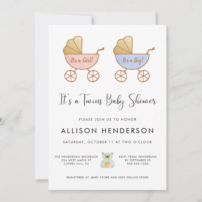 Invitación Chico Chica Twins Carriage Watercolor Baby Shower (Anverso)