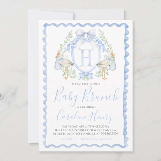 Invitación Chico Cigüeña Shower Preppy Gingham Azul (Anverso)