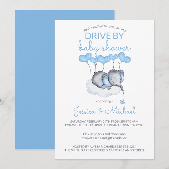 Invitación Chico conducido por Baby Shower Blue Elephant en l (Anverso / Reverso)