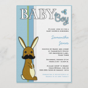 Invitación Chico conejito Baby Shower con bigote - Azul