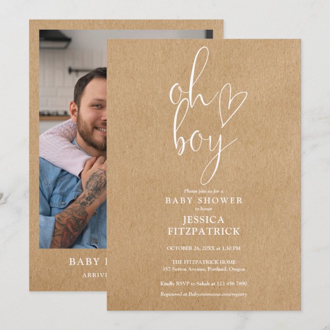 Invitación Chico Corazón Rústico Kraft Foto Baby Shower (Anverso / Reverso)