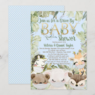 Invitación Chico Covid Animales Con Máscaras Vegetación Baby 
