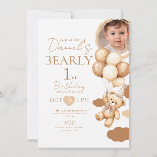 Invitación Chico Cumpleaños Beary Primero Foto Oso Lazo Globo