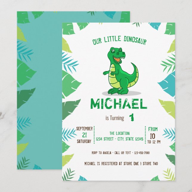 Invitación Chico Cumpleaños de Bebé Dinosaurio Adorable (Anverso / Reverso)
