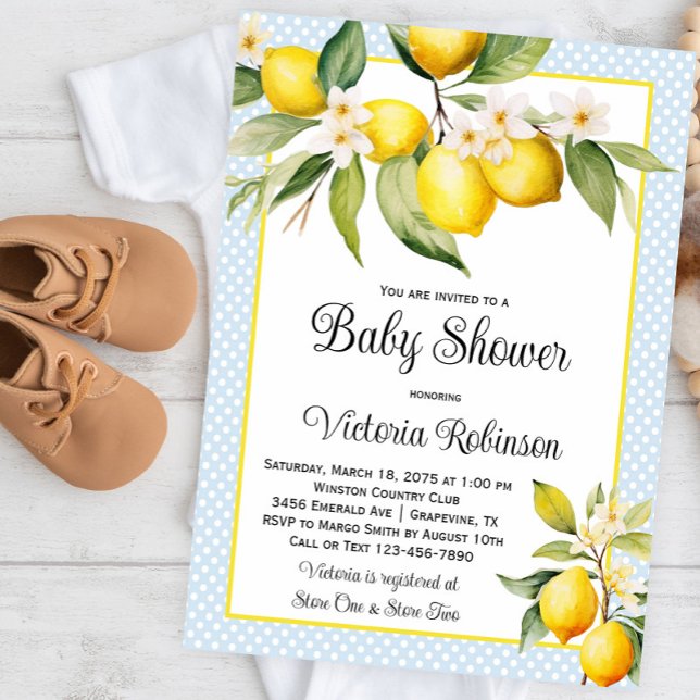 Invitación Chico Cumpleaños de Bebé Limón (Sweet baby blue lemon baby shower invitation. Instant download and printed invitations available.)