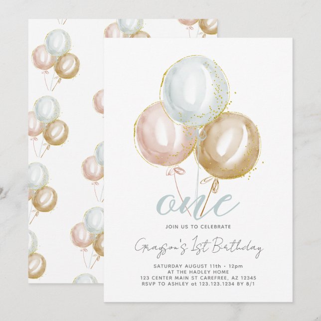 Invitación Chico de 1er Cumpleaños Un Globo (Anverso / Reverso)
