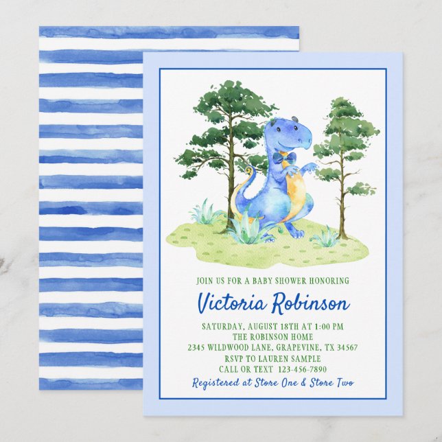Invitación Chico de acuarela de dinosaurio Baby Shower (Anverso / Reverso)