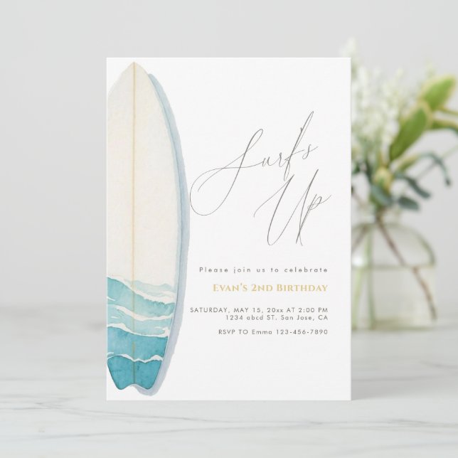 Invitación Chico de acuarela de playa de surf de verano  (Anverso de pie)