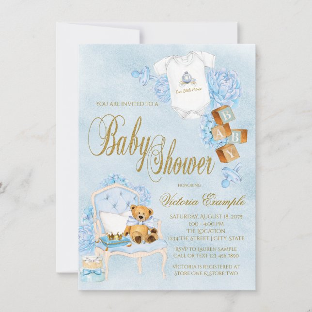 Invitación Chico de acuarela dorada y azul Baby Shower (Anverso)
