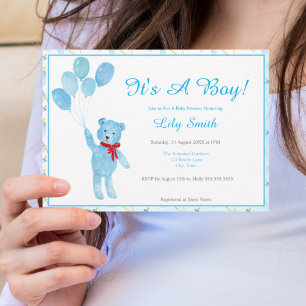 Invitación Chico de acuarela Osito globos Baby Shower