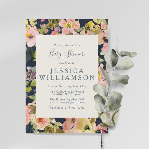 Invitación Chico de Agua Floral Navy y Boho Baby Shower